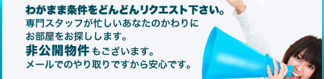 わがまま条件をどんどんリクエスト下さい。専門スタッフが忙しいあなたのかわりにお部屋をお探しします。非公開物件もございます。メールでのやり取りですから安心です。